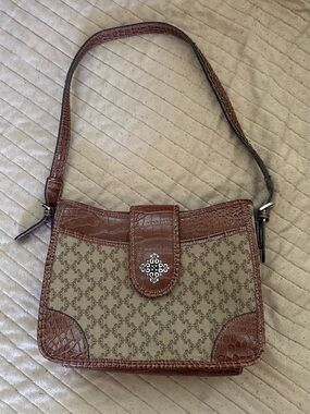 Brown Croc-Trim Patterned Shoulder Bag